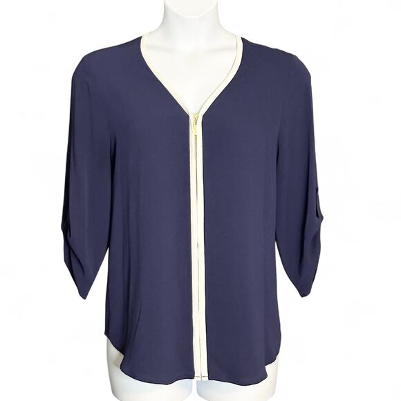Chaus New York Navy Blue Zip Front Blouse Size L 3/4 Sleeve Roll Tab Career Top - Picture 3 of 9